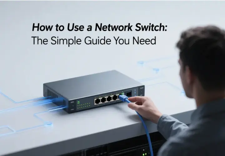 A man connects a blue Ethernet cable to a network switch, illustrating how to configure a network switch for optimal connectivity.
