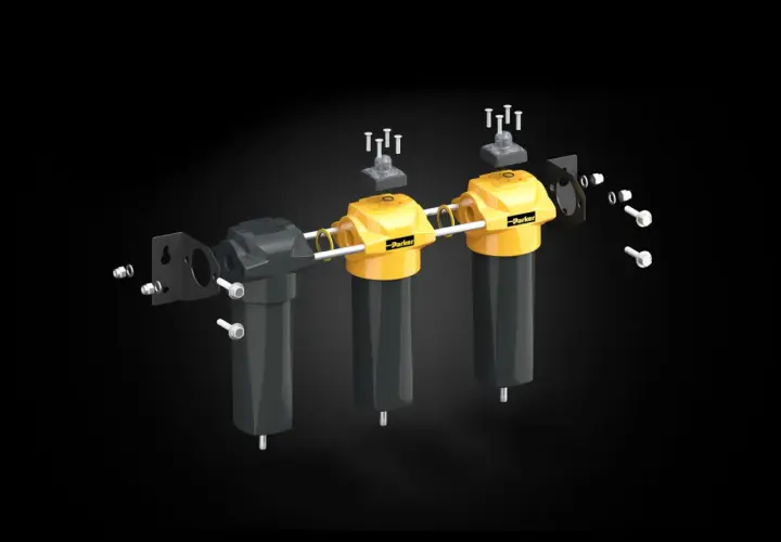 Exploded view of a Parker filtration innovation center system, showcasing its modular design with yellow filter housings and black components.
