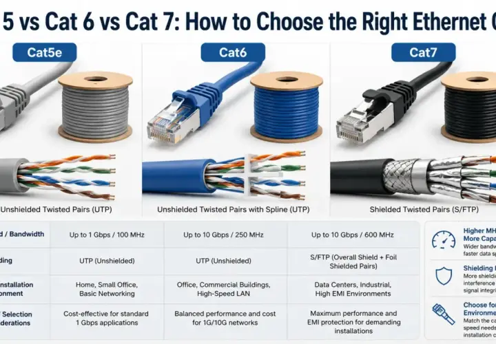Comparing types of cat cables: Cat5e (UTP), Cat6 (UTP with spline), and Cat7 (S/FTP), detailing speed, shielding, and best environments.