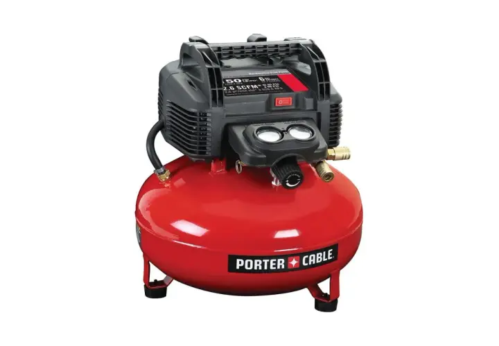 A red Porter Cable air compressor, a powerful tool for any DIYer, ready to tackle projects where an air pump just won't cut it.
