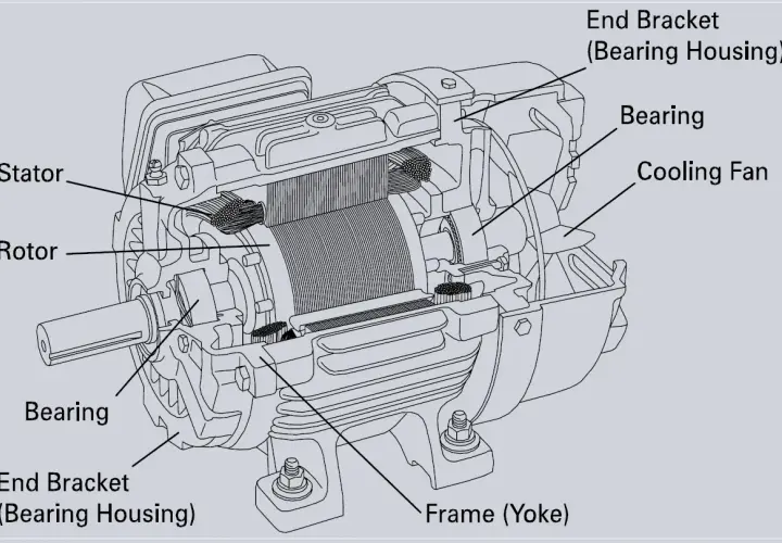 Cutaway view of an electric motor, showing the stator, rotor, bearings, cooling fan, and end brackets.