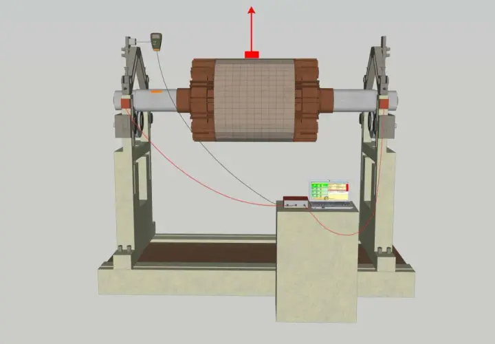 A rotor is mounted on a stand with sensors and a laptop for rotor balancing.