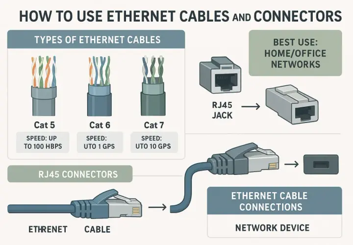 Diagram shows different ethernet cable connector types: Cat 5, 6, 7 cables, RJ45 jacks, and how they connect to network devices.