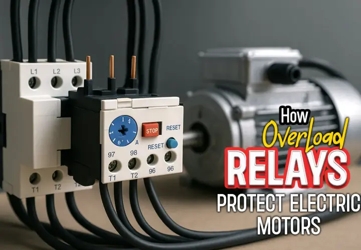 Close-up of electrical components, including overload relays and an electric motor, illustrating how overload relays protect electric motors.