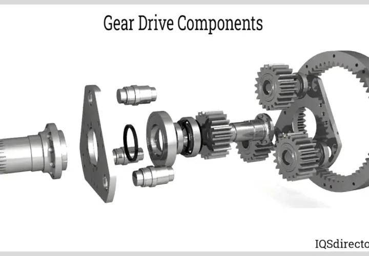 Exploded view of gear drive components, showing a splined shaft, gears, bearings, and a ring gear. Essential parts for any gear head motors.