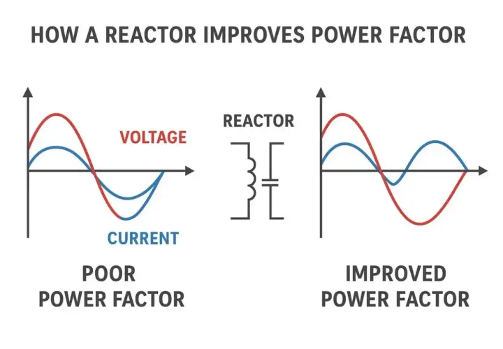 Diagram shows how a reactor improves power factor by aligning voltage and current waveforms.