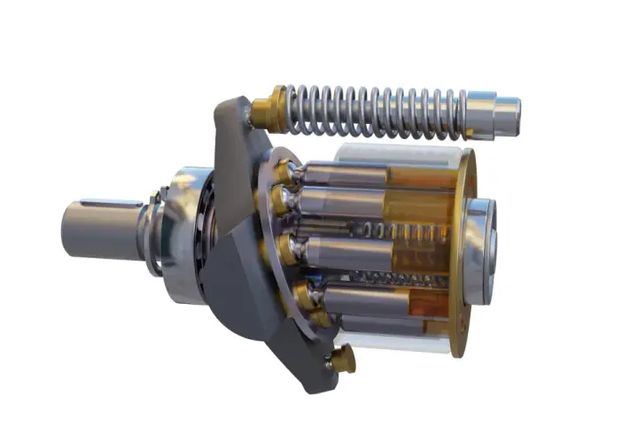 Cutaway view of a hydraulic motor, showcasing its internal piston and cylinder assembly. Most hydraulic motors are modified designs of this fundamental concept.