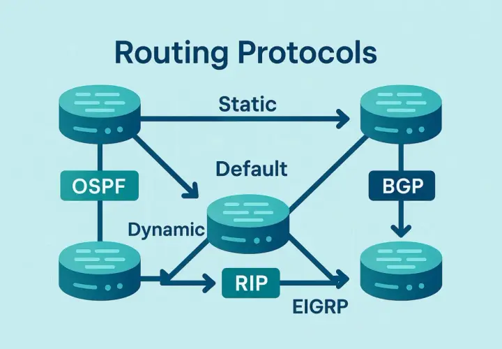 Diagram illustrating static and dynamic layer 3 routing protocols like OSPF, RIP, EIGRP, and BGP, with default routing.