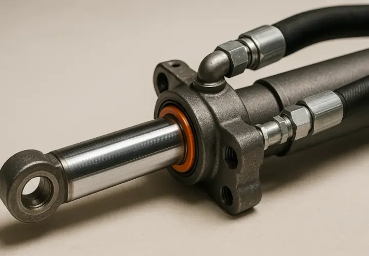 Close-up of a hydraulic cylinder, showcasing its polished rod and various hydraulic cylinder rod end types with attached hoses.