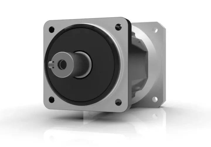 A silver and black gearhead motor with a shaft, ready for action.