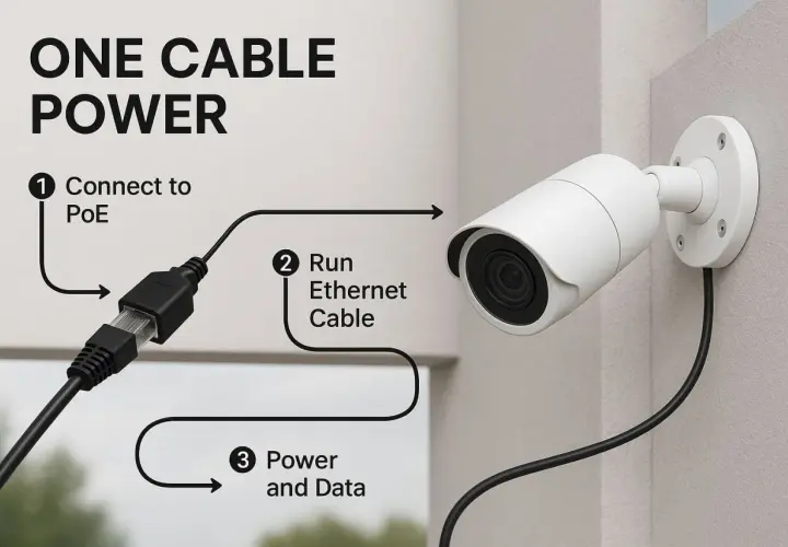 Diagram shows how to connect a security camera using one cable for both power and data via PoE.