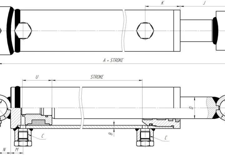 Technical drawing showing how to measure hydraulic cylinder stroke, with dimensions labeled.
