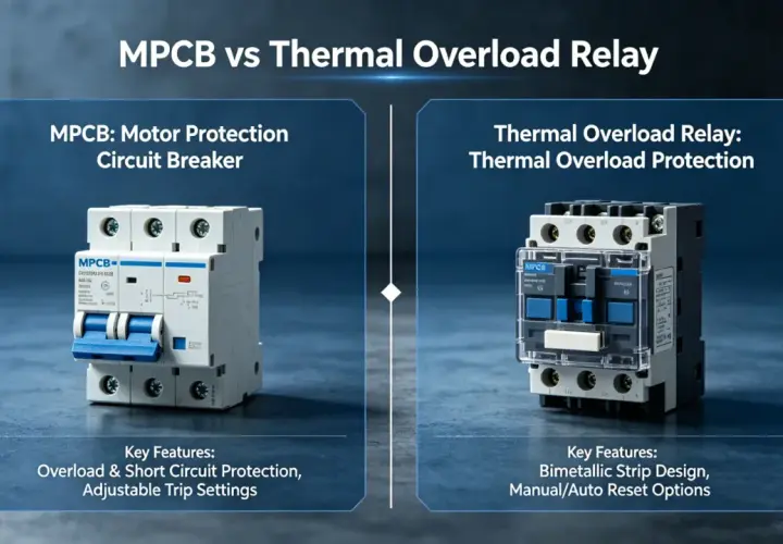 MPCB motor circuit protector vs thermal overload relay, showing their distinct designs and key features for motor protection.