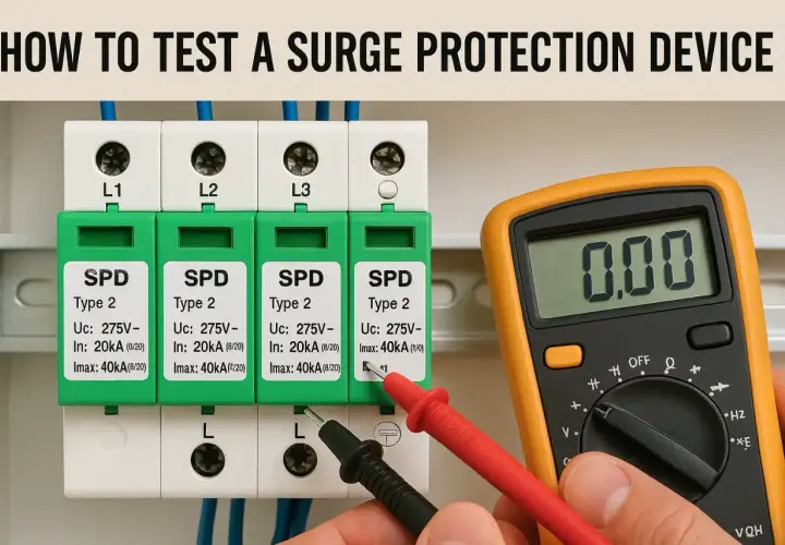Testing surge protection devices (SPDs) with a multimeter. This surge testing ensures your electrical system is safe.