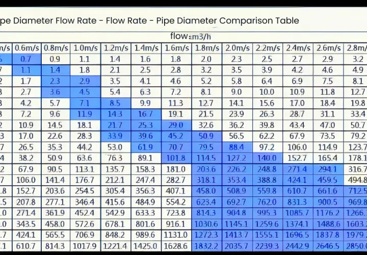 Table showing pipe diameter vs. flow rate (m³/h) for various flow speeds (m/s), illustrating flow rate formula operations.
