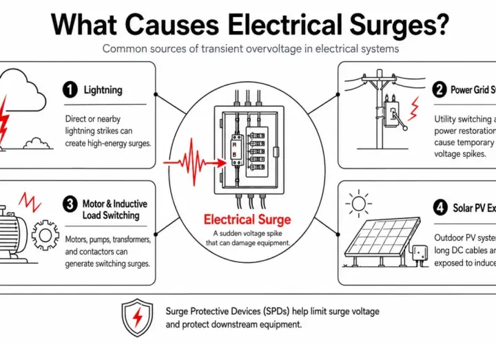 Diagram shows causes of electrical surges: lightning, power grid switching, motor/inductive load switching, and solar PV exposure. An overvoltage is a sudden voltage spike.