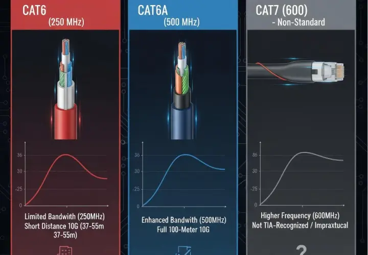 Comparison of Cat 6a vs Cat 7 cables, showing Cat 6a's enhanced bandwidth for full 100m 10G, while Cat 7 is non-standard.