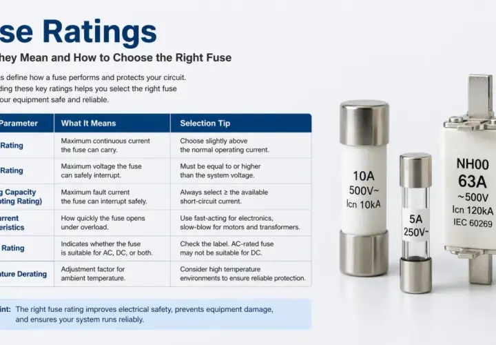 Fuse ratings explain what a fuse is in a circuit: its current, voltage, and breaking capacity. Image shows three fuses with their ratings.