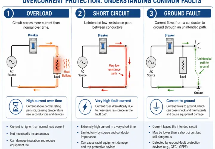Diagrams illustrate overload, short circuit, and ground fault protection, explaining how excessive current, like in a magnetic overload, can damage circuits.