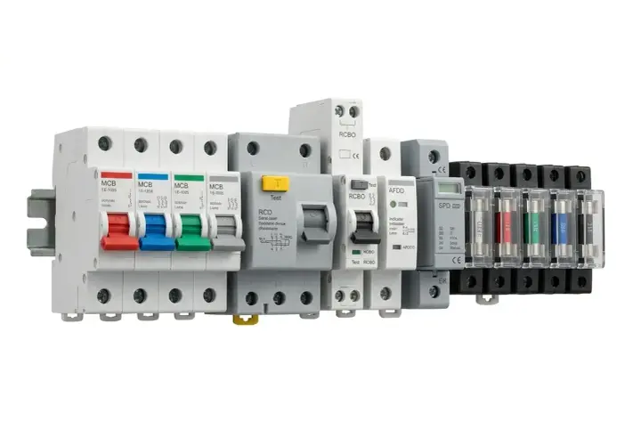 A row of electrical circuit protection devices, including MCBs, RCDs, RCBOs, AFDDs, and an SPD, all mounted on a DIN rail.