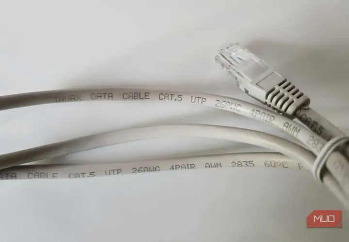 Two gray data cables, one with an RJ45 connector, highlight the difference between ethernet and phone cable.