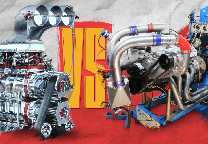 Two powerful, heavy duty motor engines, one supercharged and gleaming, the other turbocharged and complex, stand ready for action.