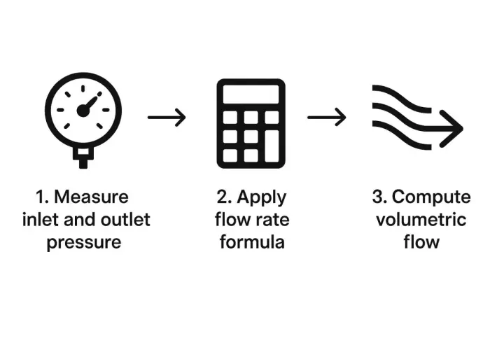 Diagram shows how to calculate water pressure from flow rate: measure pressure, apply formula, compute flow.
