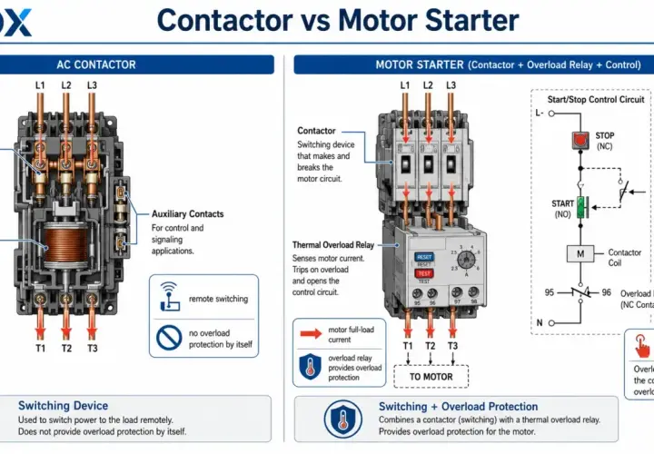 Diagrams illustrating how to wire a motor starter, showing AC contactors, motor starters with overload relays, and control circuits.