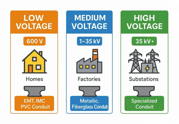 Diagram shows low voltage (600V for homes), medium voltage (1-35kV for factories), and high voltage (35kV+ for substations) with associated conduit types.