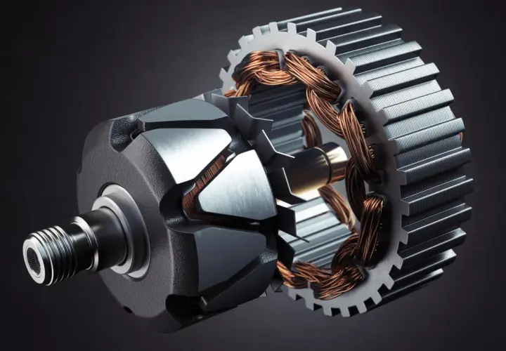 Close-up of an electric motor's stator, showcasing its copper windings and metal core. This is what is a stator: the stationary part of an electric motor.