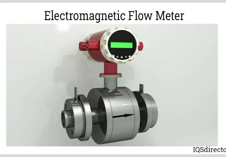 An electromagnetic flow meter, a product of Proteus Industries, displays flow direction with an arrow.