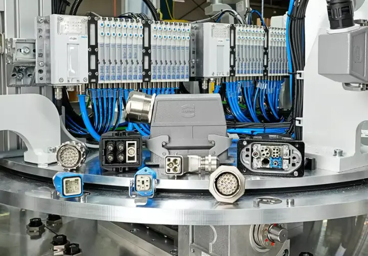 A collection of industrial connectors, including a large grey HARTING connector, are displayed on a metallic surface, with a background of pneumatic valves and wiring.