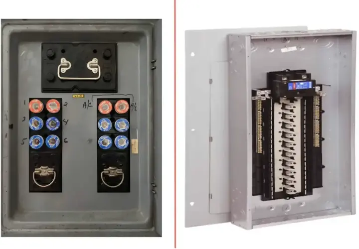 A vintage fuse box with round fuses sits next to a modern circuit breaker panel, showcasing the evolution of electrical safety.