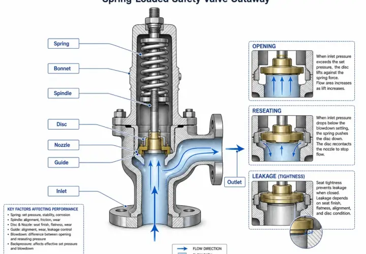 Cutaway of a spring-loaded safety dump valve, showing its internal components and how it opens, reseats, and prevents leakage.