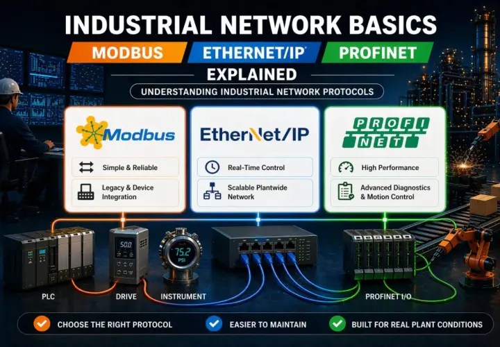 Industrial network protocols explained: Modbus, Ethernet/IP, and Profinet. Comparing Ethernet/IP vs. TCP/IP for industrial automation.
