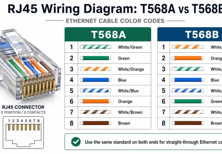RJ45 wiring diagram showing T568A and T568B color codes for an ethernet cable.