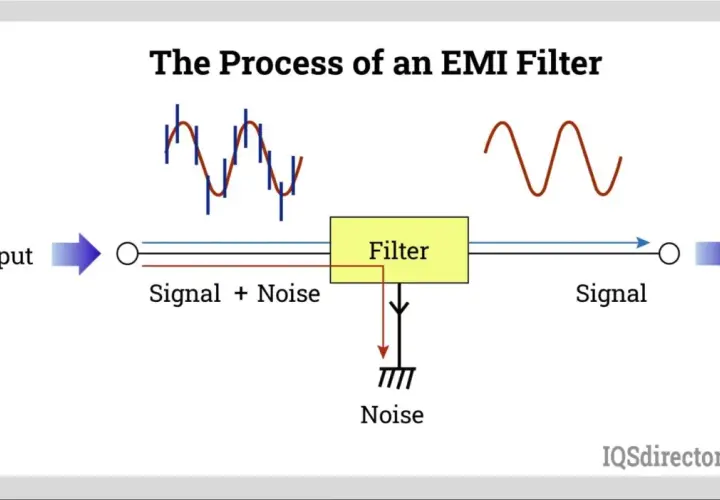 Diagram shows an EMI filter processing an input signal with noise, outputting a clean signal and filtering out the noise.