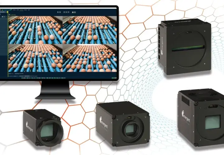 Emergent Vision Technologies' cameras and monitor display rows of eggs, showcasing their gige vision standard for quality inspection.