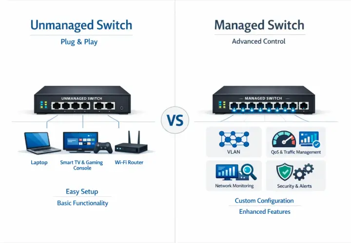 Comparison of unmanaged vs managed ethernet switch. Unmanaged offers plug & play with basic functionality for devices like laptops. Managed provides advanced control with VLAN, QoS, and security features.