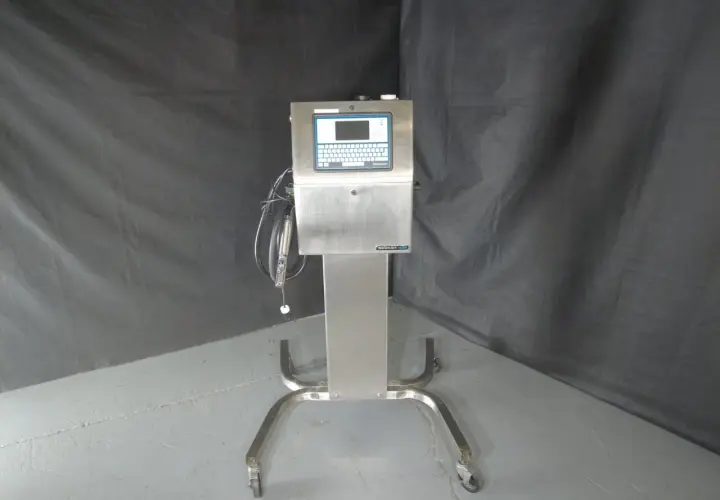 A Videojet Technologies Inc. industrial printer on a wheeled stand, ready for production.