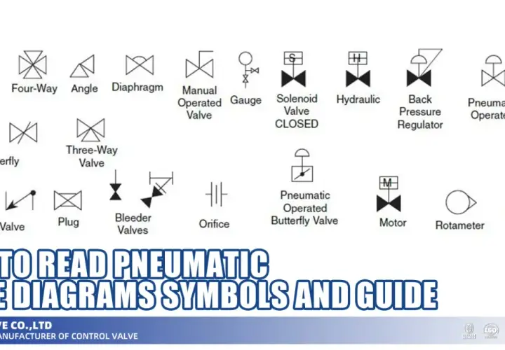 Diagram showing various flow control valve symbols, including Gate, Needle, Butterfly, and Solenoid valves, with a guide titled "How to Read Pneumatic Valve Diagrams.