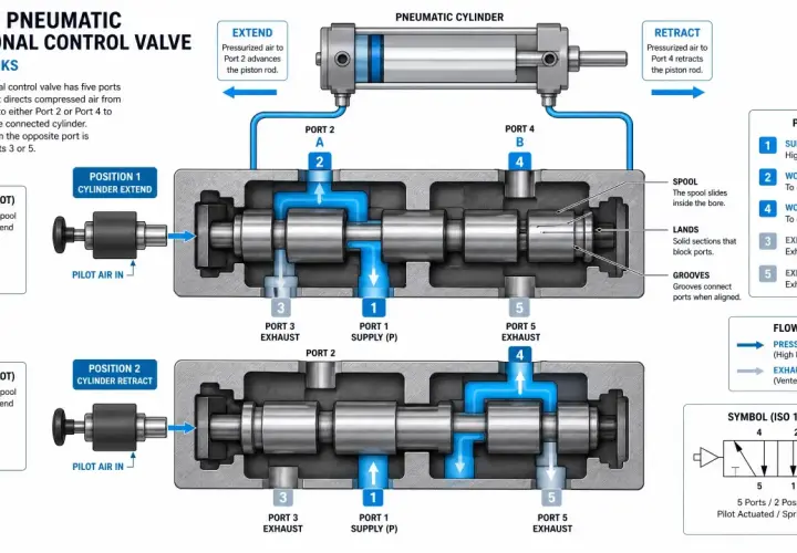 Diagram of a 5/2-way pneumatic directional control valve, showing how pilot air shifts the spool to extend or retract a cylinder.