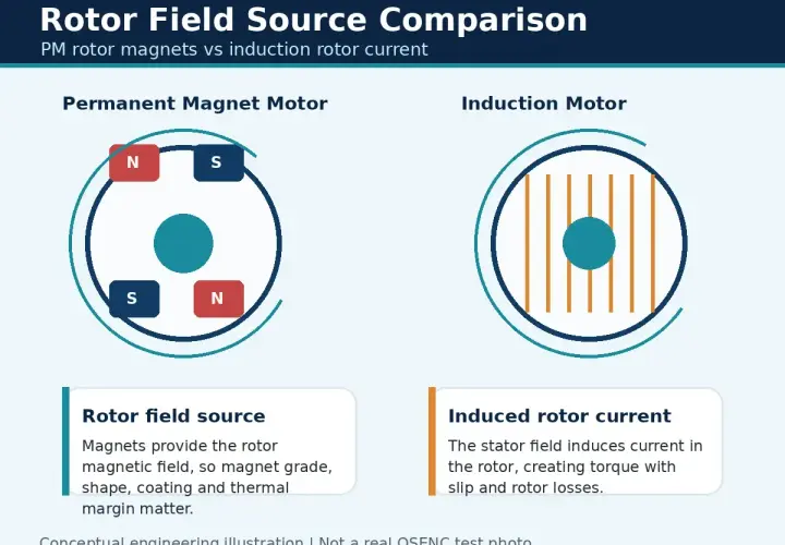 Permanent magnet motor rotor uses magnets for field, while induction motor rotor has induced current. Rotor vs motor comparison.