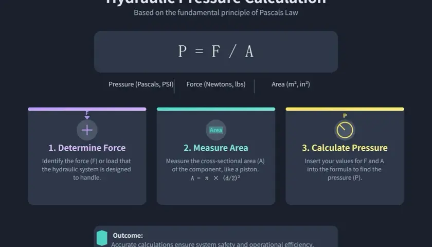 Hydraulic pressure calculation: P=F/A. Steps to determine force, measure area, and calculate pressure for safe system operation.