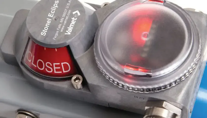 Close-up of a Stonel Eclipse valve actuator, showing the "CLOSED" indicator and a red status light.