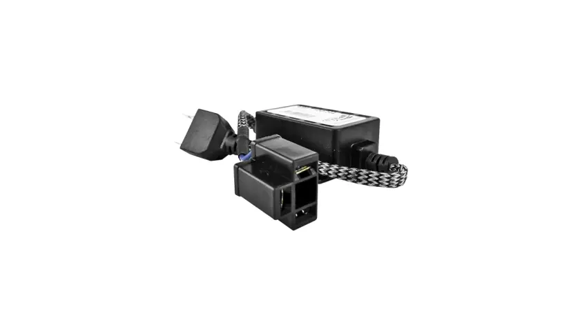 Black EMI filter for LED lights, featuring a compact box and connector with a braided cable.