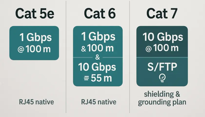 Cat 6 offers higher speeds than Cat 5e, supporting 10 Gbps up to 55m. Both are RJ45 native.