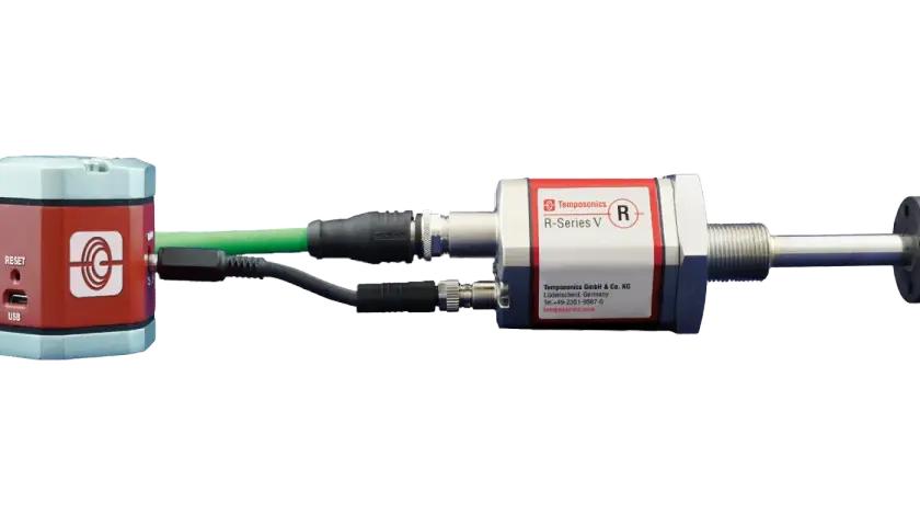 Temposonics R-Series V sensors, with a red and silver housing, connected via USB and other cables.