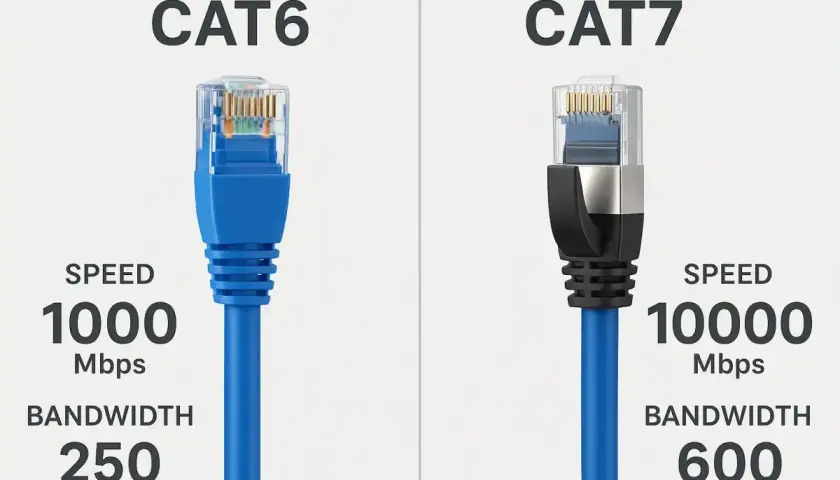 CAT6 vs CAT7 Ethernet cables. CAT7 offers a massive speed upgrade, reaching 10000 Mbps compared to CAT6's 1000 Mbps.