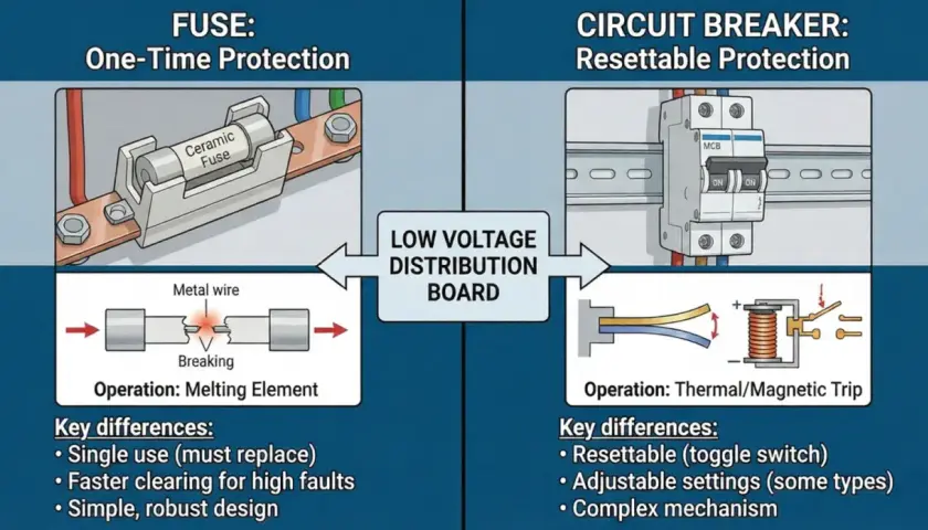 Illustrates the difference between a fuse (one-time protection, melting element) and a circuit breaker (resettable protection, thermal/magnetic trip).